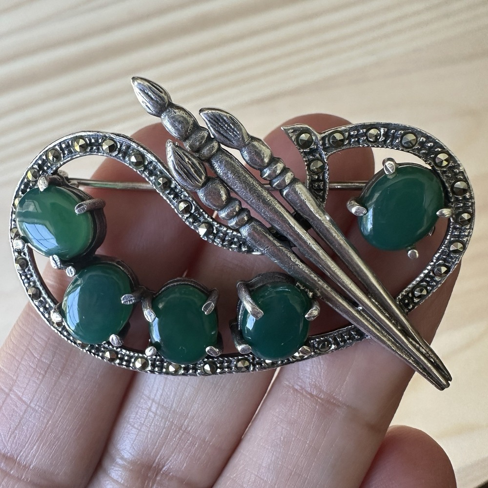 VTG Brooch Pin 2 Inch Jadeite Marcasite Palette Brushes 925‎ Sterling 11.3g Rare